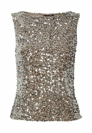 Bež brezrokavni vrh, prekrit s srebrnimi in zlatimi bleščicami; gladka tekstura z okroglim izrezom in prilegajočo se silhueto.