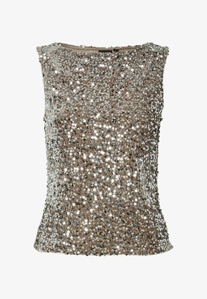 Beige ärmlös topp täckt med silver- och guldpaljetter; slät textur med rund halsringning och en figurnära silhuett.