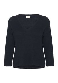 Pull en tricot bleu marine foncé avec un col en V, des manches longues et une coupe décontractée, présentant une texture côtelée et un ourlet droit.