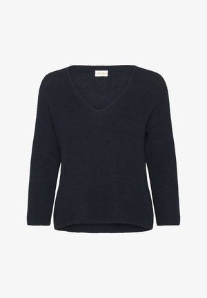 Sötét tengeri kék kötött pulóver V nyakkivágással, hosszú ujjakkal és laza szabással, bordázott textúrával és egyenes aljjal.