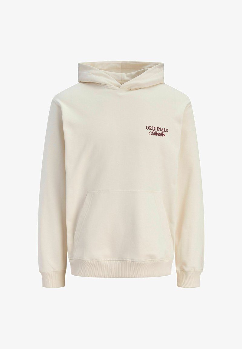 Felpa color crema realizzata in tessuto morbido. Presenta una tasca frontale, cappuccio regolabile e un logo ricamato rosso "ORIGINALS Studio".