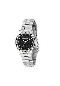 Orologio in acciaio inossidabile argentato con quadrante nero rotondo, dettagli in cristallo e design del bracciale a maglie quadrate, caratterizzato da un dettaglio a catena.