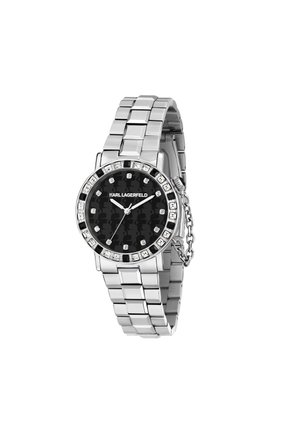 Orologio in acciaio inossidabile argentato con quadrante nero rotondo, dettagli in cristallo e design del bracciale a maglie quadrate, caratterizzato da un dettaglio a catena.