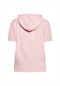 Pullover con cappuccio a maniche corte in morbido tessuto rosa, caratterizzato da una vestibilità comoda e un orlo a coste. Texture liscia, design semplice senza motivi.