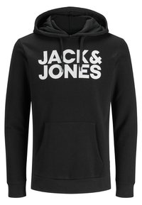 Schwarzer Hoodie aus Baumwollmischung, mit Kängurutasche, Kordelzügen und großem weißen "JACK & JONES"-Text auf der Brust.