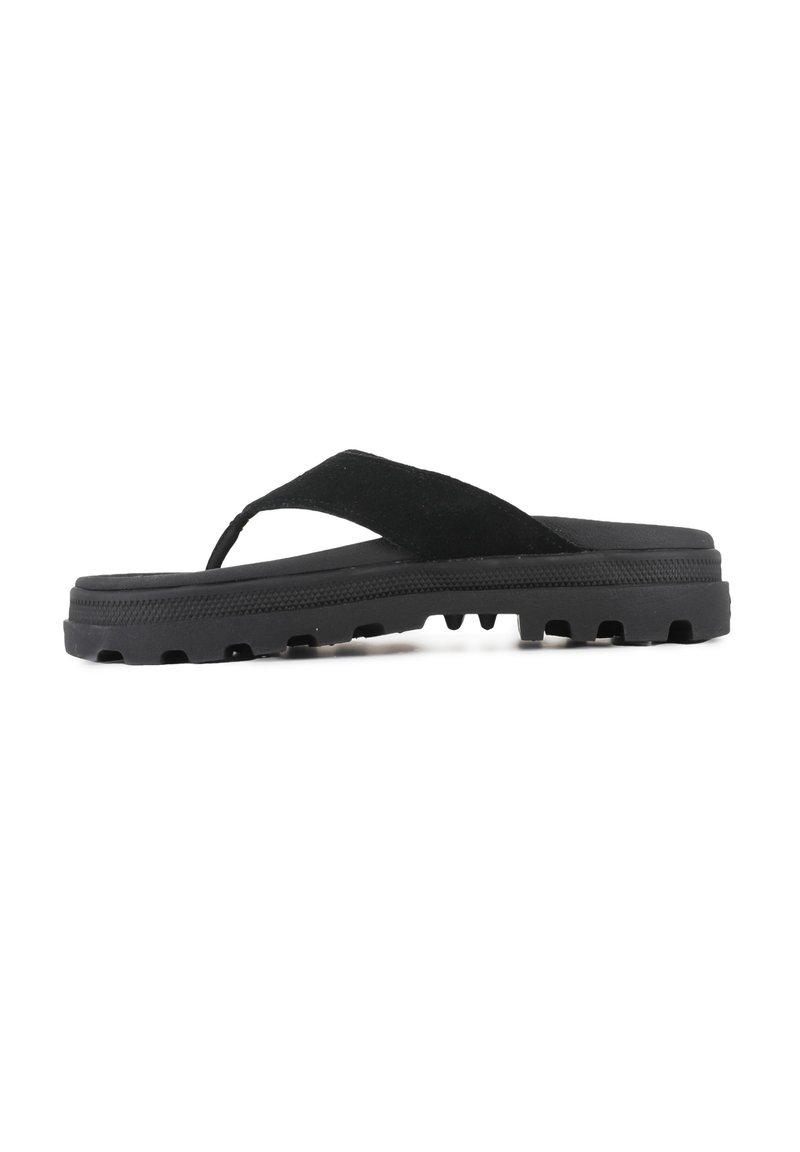 Black flip-flop sandal with a textured rubber outsole, padded fabric straps, and a low platform design for comfort.