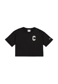 Maglietta nera corta in cotone con logo "C" bianco e dettagli floreali, e un piccolo logo Champion sulla manica.