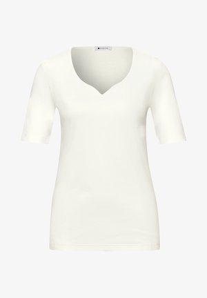 White short-sleeve women's shirt with a small V-neck and a slim fit, displayed on a plain white background.