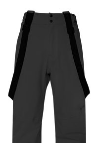 Grau wasserdichte Hose mit schwarzen verstellbaren Trägern; verfügt über zwei Knöpfe am Bund; glatte Textur; minimales Branding am Bein.