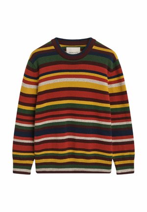 Gestreifter Strickpullover mit Rundhalsausschnitt, hergestellt aus weichem Stoff in rot, gelb, grün und blauen Farbtönen, mit gerippten Bündchen und Saum.