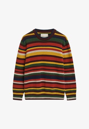 Gestreifter Strickpullover mit Rundhalsausschnitt, hergestellt aus weichem Stoff in rot, gelb, grün und blauen Farbtönen, mit gerippten Bündchen und Saum.
