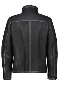 Veste en cuir noir avec une finition texturée, dotée d'un col montant, de détails en panneaux et de coutures contrastées. La vue arrière montre un design structuré.