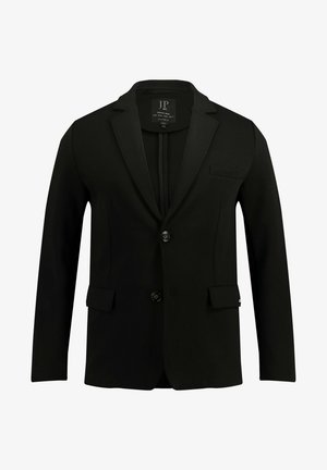 Blazer noir en tissu lisse, avec un design à un seul bouton, deux poches avant et un col cranté. Deux boutons à l'avant.