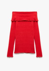 Rood off-shoulder gebreide trui met lange mouwen, geribbelde textuur en ruwe afwerkingen langs de halslijn en de zoom.