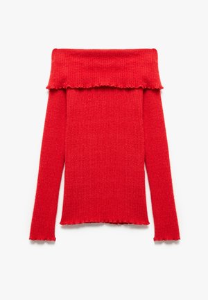 Rood off-shoulder gebreide trui met lange mouwen, geribbelde textuur en ruwe afwerkingen langs de halslijn en de zoom.