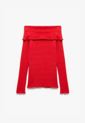 Red off-the-shoulder knitted sweater with long sleeves, ribbed texture, and raw edge details along the neckline and hem.