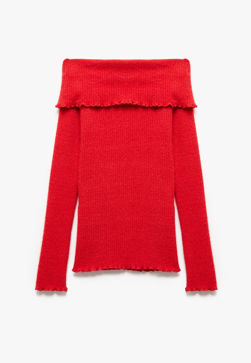 Rood off-shoulder gebreide trui met lange mouwen, geribbelde textuur en ruwe afwerkingen langs de halslijn en de zoom.