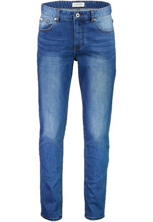 Blå denimjeans med rak passform, femficksdesign och subtil blekning. Har en knapp- och dragkedje-stängning, kontrasterande sömmar och bälteshällor.