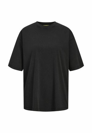 T-shirt nera oversize in cotone, con scollo rotondo e maniche corte. Tessuto liscio con dettagli di cucitura minimi.