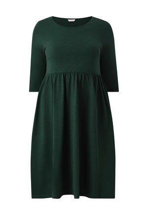Dark green, short-sleeve dress with a rounded neckline and gathered waist. Soft fabric with a relaxed fit, flaring at the bottom.