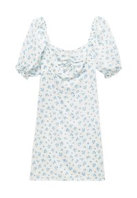 Vestido blanco con estampado floral azul. Presenta mangas abullonadas y un diseño de espalda fruncida. Hecho de una tela ligera con una textura suave.