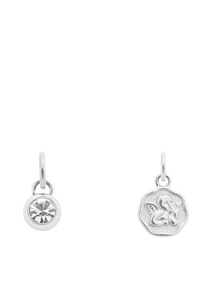 Two small silver earring charms: one round clear gemstone, one irregular silver disc with a raised butterfly design.