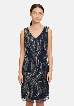 Dunkelblaues knielanges Kleid mit V-Ausschnitt, verziert mit silbernen, glitzernden Blumenmustern und einer taillierten Silhouette. Durchsichtiger Saum. 