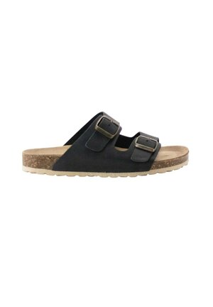 Sandalia negra de punta abierta con dos tiras ajustables con hebilla y plantilla de corcho sobre una suela beige con textura, vista lateral.