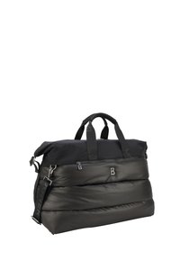 Sort duffel taske med quiltet design, lavet af nylon materiale, med lynlås lommer, dobbelt håndtag og en aftagelig skulderrem.