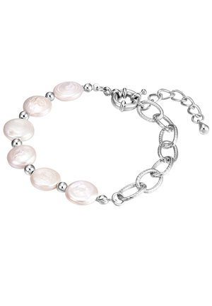Bracelet featuring pearlescent pink circular beads, silver metal accents, and a textured chain link design with a toggle clasp.