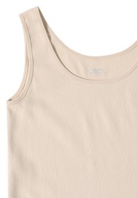 Top senza maniche beige con spalline larghe e scollo rotondo, con un sottile logo "CECIL ESSENTIALS" all'interno del colletto posteriore.