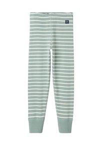 Gestreepte leggings in lichtgroen en wit, gemaakt van zachte stof. Voorzien van een geribde tailleband en aansluitende boorden bij de enkels.