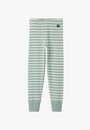 Gestreepte leggings in lichtgroen en wit, gemaakt van zachte stof. Voorzien van een geribde tailleband en aansluitende boorden bij de enkels.