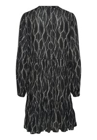 Robe noire à manches longues, présentant un motif texturé ondulé en crème. Ourlet évasé avec détail à volants, tissu doux.