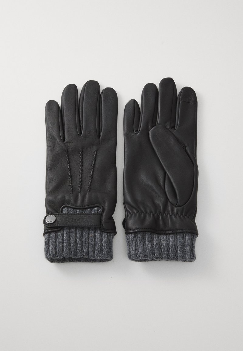 Black leather gloves with gray knitted cuffs, one glove showing front with button strap, the other showing palm side.