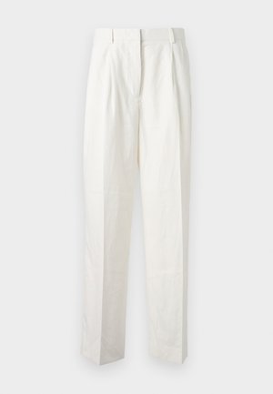Pantalons blancs taille haute avec une coupe droite. Fabriqués en tissu léger avec des plis à l'avant et sans motifs ni accents visibles.
