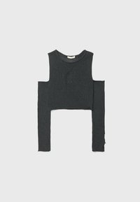 Dark gray sleeveless cropped knit top with attached long detached sleeves and a small distressed hole in the center front.