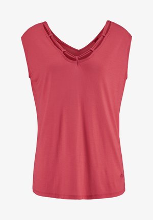 Top sans manches cramoisi avec un décolleté en V profond et des accents découpés en croisements. Tissu doux et léger avec une coupe décontractée.