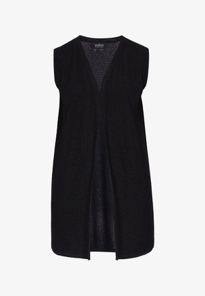 Hihaton musta, avoin neulottu liivi, jossa kuvioitu pinta, V-pääntie ja suora helma.