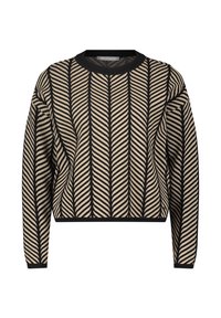 Beiger Pullover mit schwarzem Zickzackmuster, Rundhalsausschnitt, langen Ärmeln und cropped Schnitt. Strukturiertes Strickmaterial mit kontrastierenden Rippdetails.