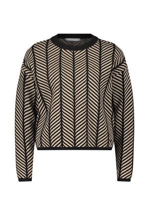 Beige trui met zwart zigzagpatroon, ronde hals, lange mouwen en een cropped pasvorm. Gelaagde gebreide stof met contrasterende geribbelde accenten.