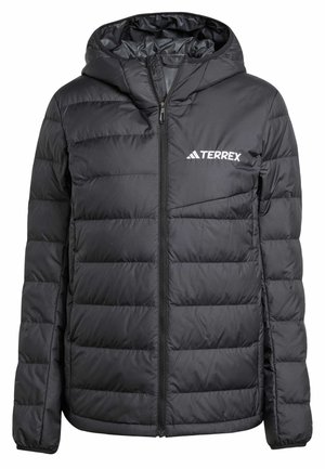 Black padded jacket with a hood. Horizontal quilted design, front zipper, and "TERREX" logo in white on the left chest. Lightweight material.
