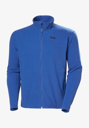 Blauwe fleecejack met een rits voor, hoge kraag en logo op de bovenste linkerzijde. Heeft lange mouwen en zijzakken. Zachte textuur.