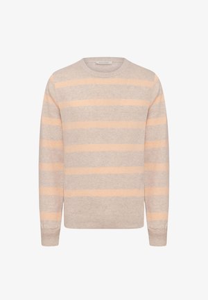 Maglione girocollo beige con morbide strisce orizzontali color pesca, maniche lunghe e polsini e orlo a coste.