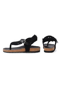 Sorte hæklede sandaler med justerbar rem, tekstureret overdel, korksål og gummisål. Har minimalistisk design og afslappet stil.