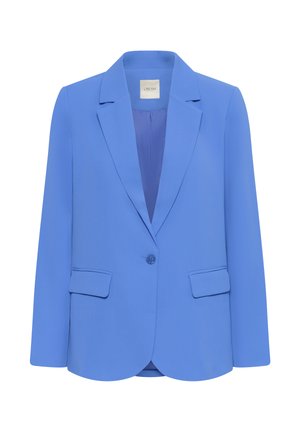 Blauwe blazer gemaakt van gladde stof, met een reverskraag met inkeping, sluiting met één knoop en twee voorzakken. De getextureerde binnenvoering is zichtbaar.