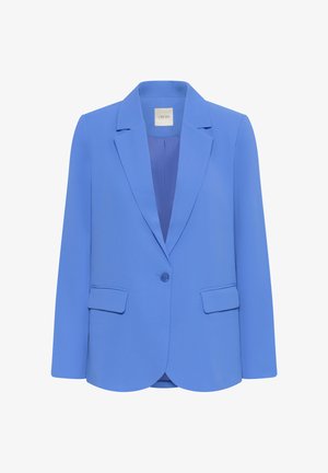 Blauwe blazer gemaakt van gladde stof, met een reverskraag met inkeping, sluiting met één knoop en twee voorzakken. De getextureerde binnenvoering is zichtbaar.