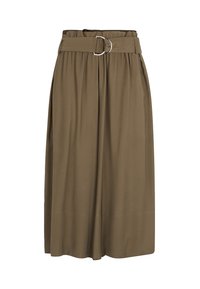 Gonna midi verde oliva con una cintura larga, cintura regolabile con una fibbia rotonda in argento e tessuto morbido e fluido con pieghe.