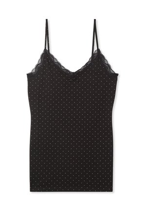 Top in motivo nero in tessuto morbido, con pois bianchi, bordo in pizzo attorno al collo e spalline sottili regolabili.