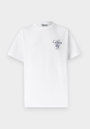 Biała koszulka z krótkim rękawem, okrągłym dekoltem i małym czarnym logo "Carhartt Wip" na lewej piersi.